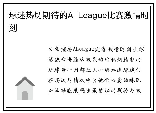 球迷热切期待的A-League比赛激情时刻 球迷热切期待的A-League比赛激情时刻